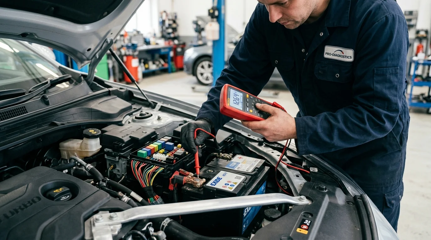 A realistic close-up of a modern car engine bay with a mechanic inspecting the battery and electrical wiring using a digital multimeter, soft natural garage lighting, visible battery terminals, colored wires and fuse box, subtle sparks of light reflection on metal parts, shallow depth of field, professional automotive photography style, high detail, clean workshop background, conveying car electrical diagnostics and troubleshooting.