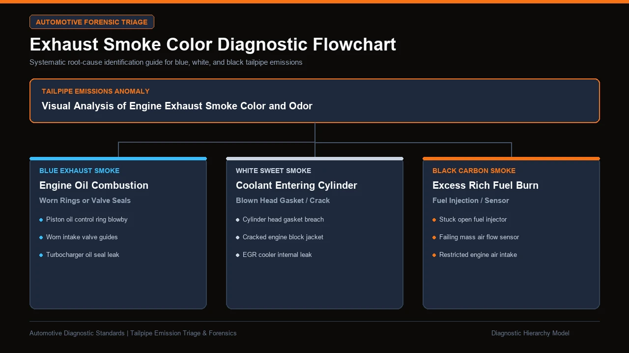 Diagnostic decision tree mapping blue white and black exhaust smoke to internal engine mechanical defects