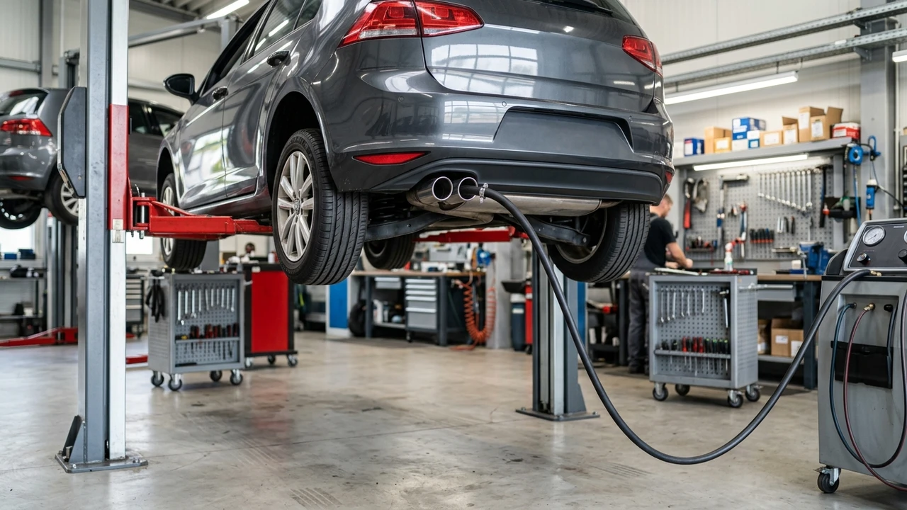 Car dual chrome exhaust tailpipe emitting diagnostic smoke during emissions testing in auto service facility