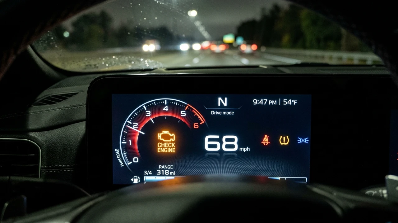 Macro photograph of car digital instrument cluster with amber Check Engine malfunction indicator light illuminated