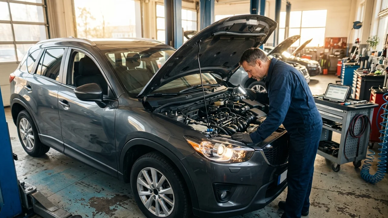 Modern commuter car receiving thorough summer heat cooling inspection in automotive repair bay